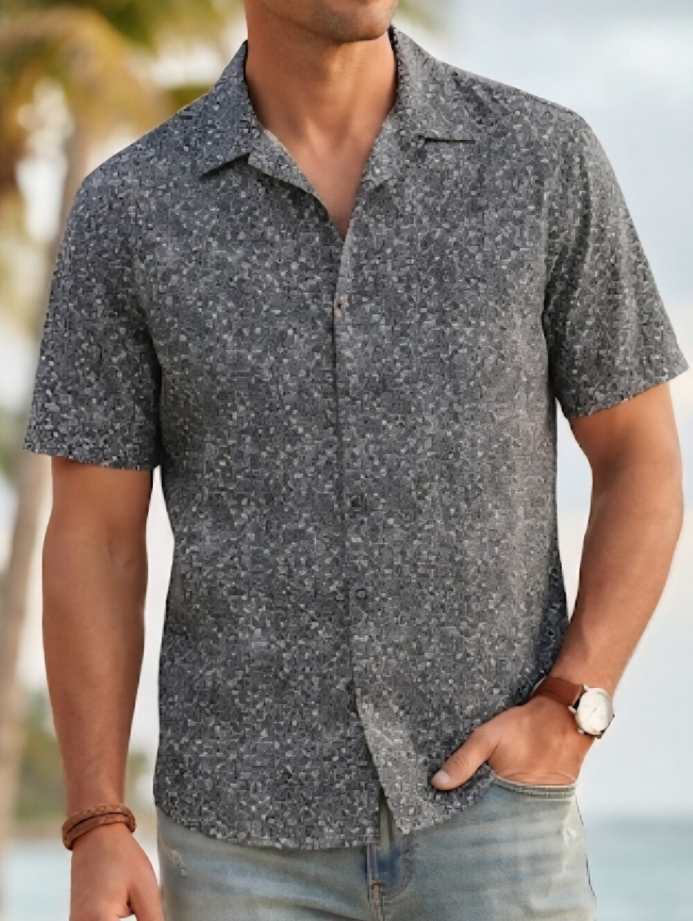 Perry Ellis Geometric Button Down Shirt Black/White Rayon Short Sleeve Size LG